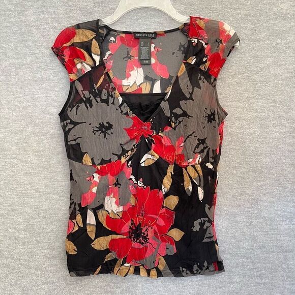 Kenneth Cole Y2K Baby Doll Sheer Top Womens Large Black Red Floral Whimsigoth - Picture 1 of 10